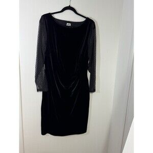 Anne Klein Black Velvet Sheath Dress Round Neck Sheer Polka Dot Long Sleeve 16